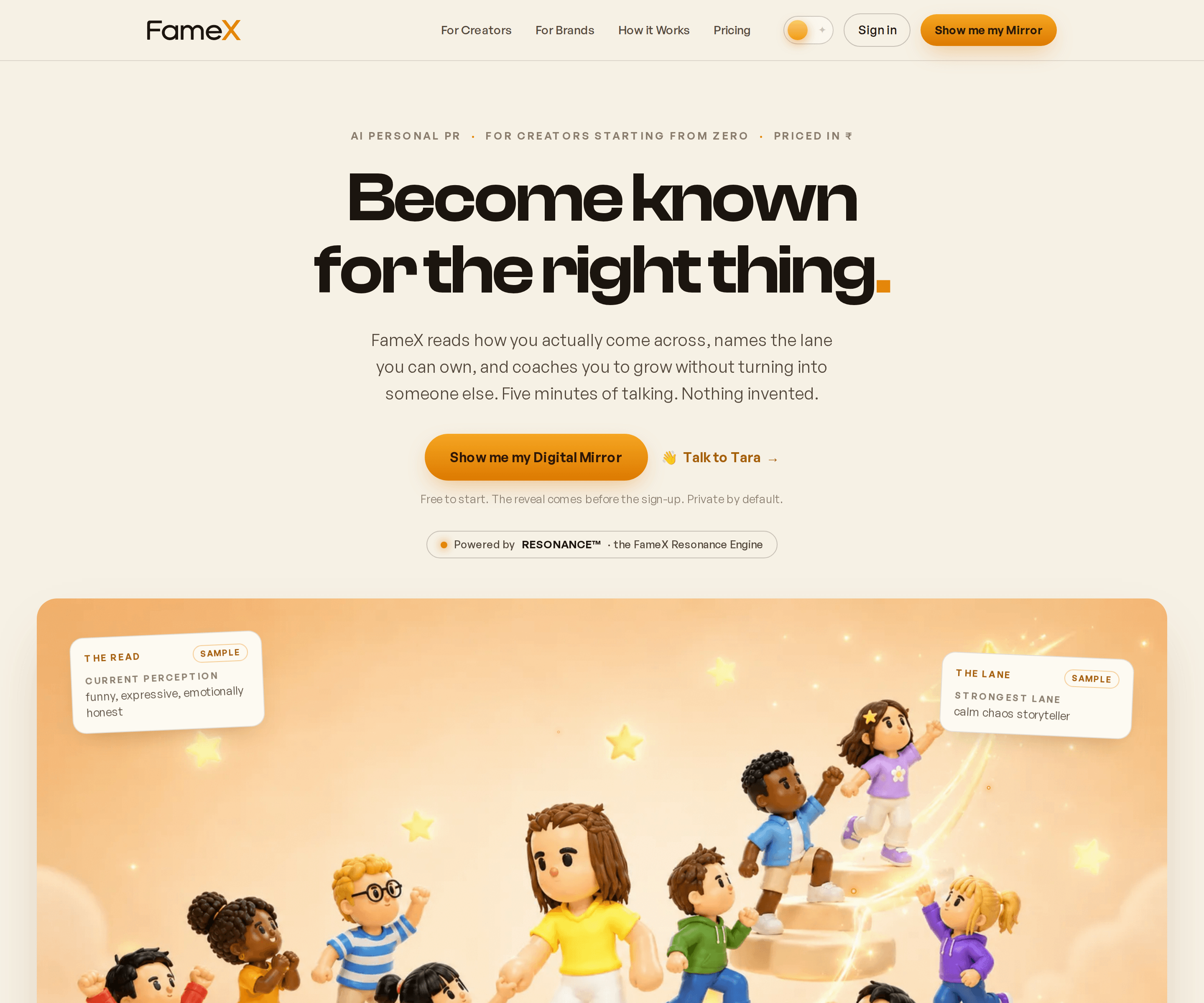 The FameX landing page with Tara, its AI PR coach