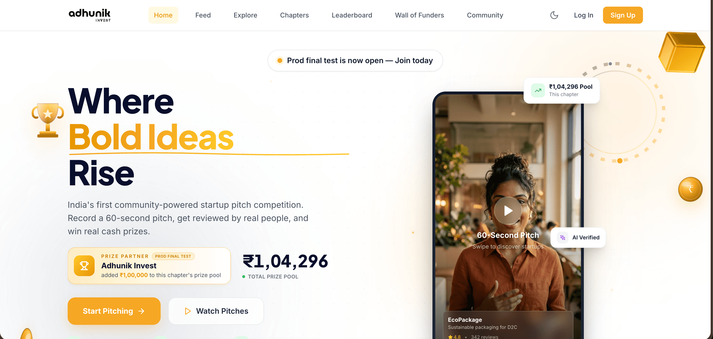 The Adhunik Invest home page with a live prize pool and a founder's sixty-second pitch