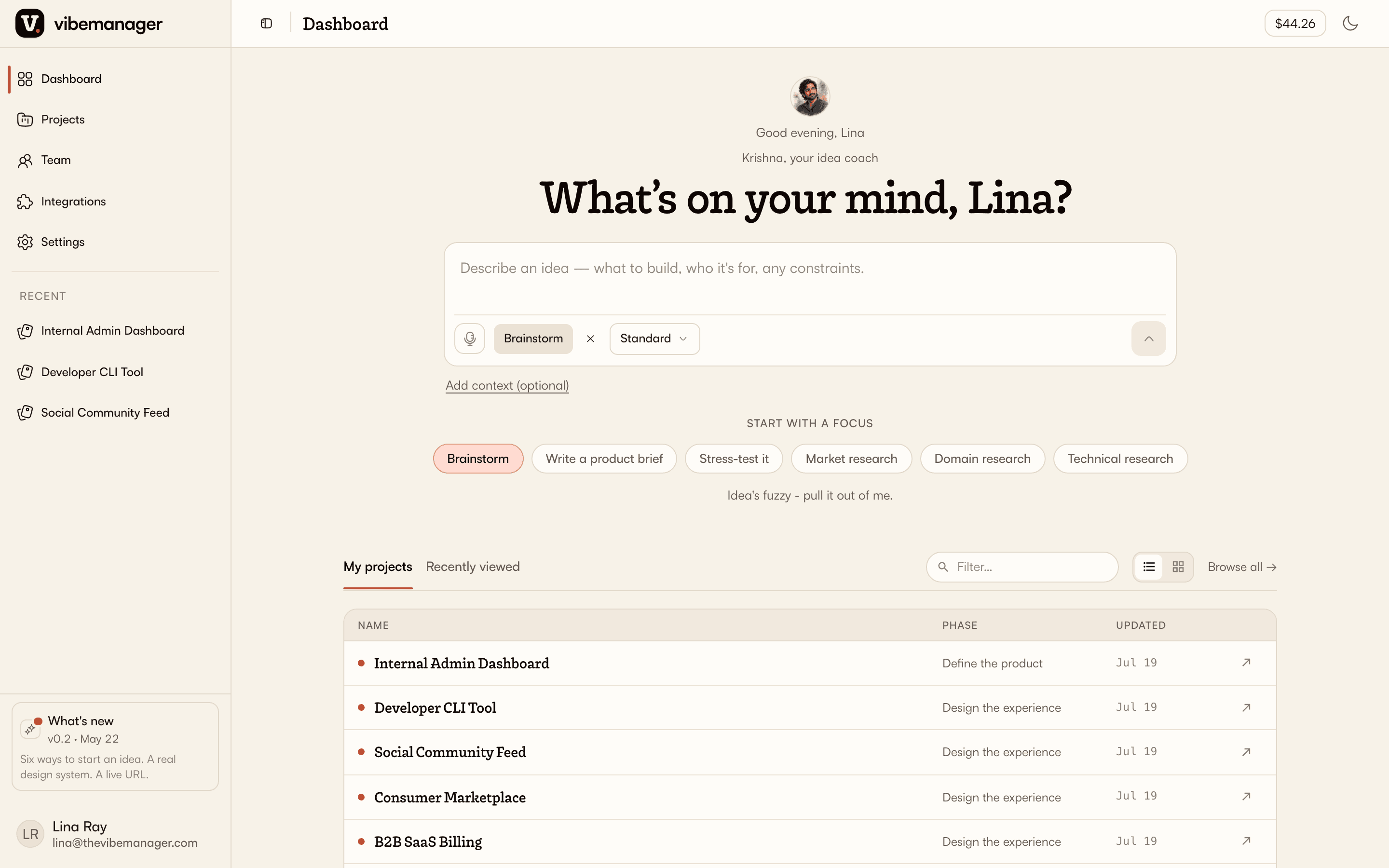 VibeManager dashboard showing a project run by its six AI specialists