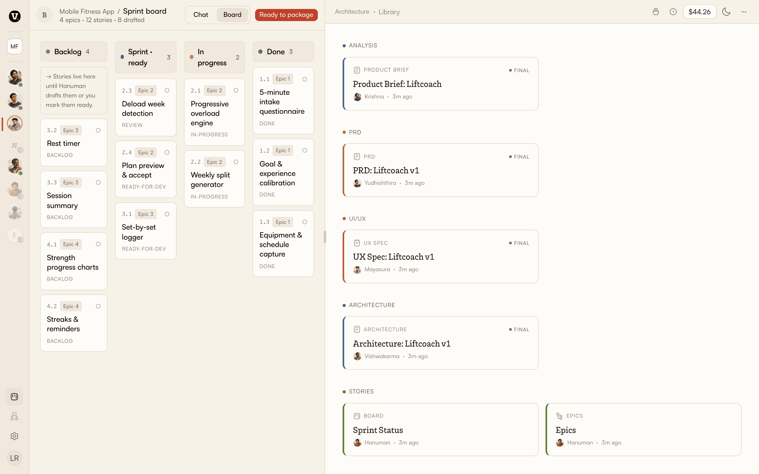 The VibeManager board tracking each specialist's work through its gates