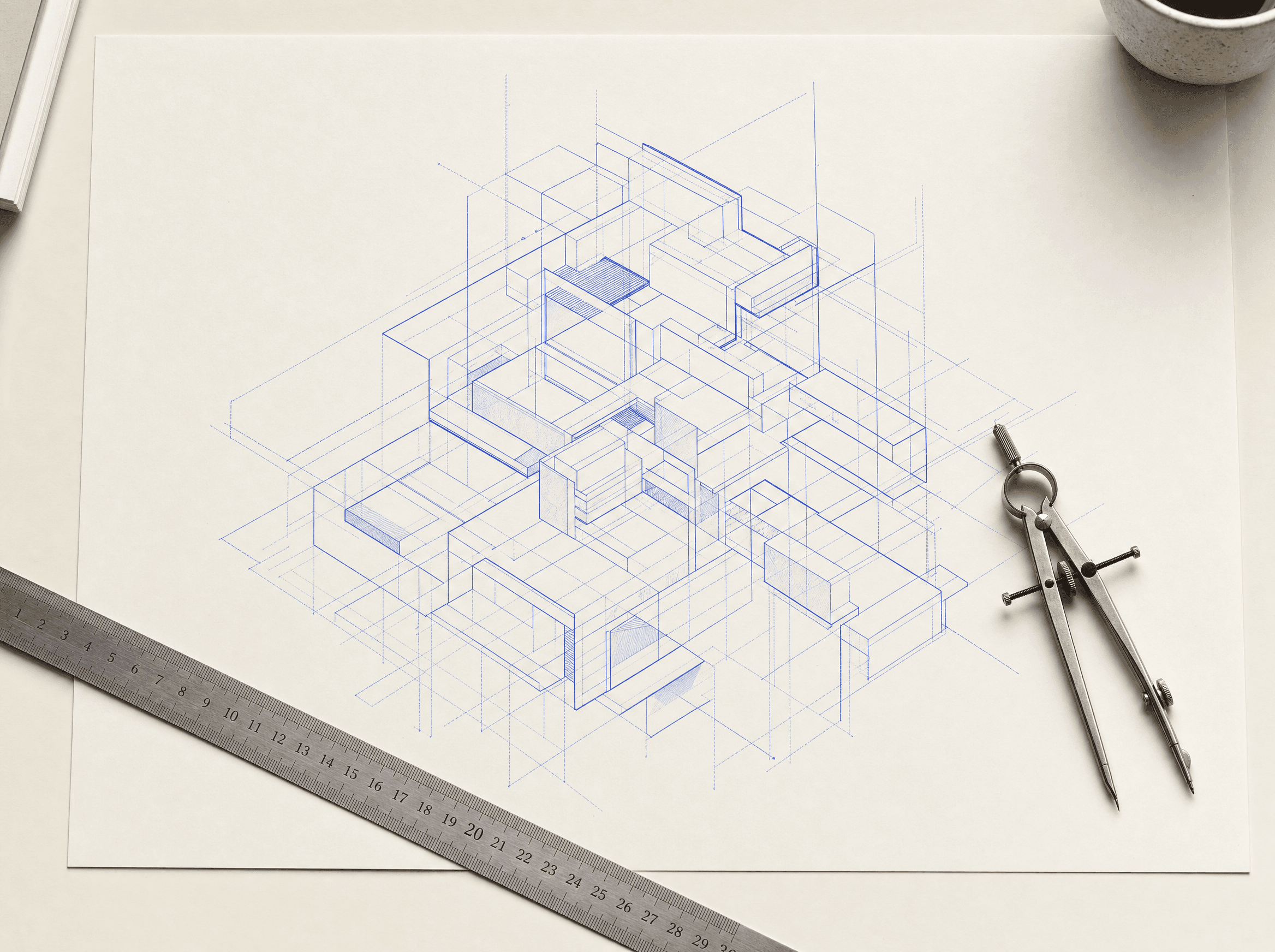 A technical drawing of a modular system in cobalt ink, mid-draft